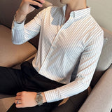 Joior British Style Striped Shirts Mens Long Sleeve Silky Slim Casual Shirts Luxury Men Business Social Party Dress Shirt Streetwear