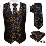 Joior 4PCS Silk Mens Vest Red Black Gold Green Purple Slim Fit Waistcoat Tie Pocket Square Cufflinks Set Wedding Formal