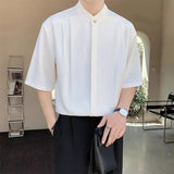 Joior Daily Casual Mens Shirt Pure Color Pleated Buttoned Stand Collar Loose Tops Shirt Summer Fashion Half Sleeve Shirts Streetwear