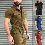 Joior Men's Overalls Casual Streetwear Pocket Solid Color Short Sleeve+Trousers Jumpsuit Fashion Leisure Basic Work Pants