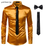 Joior Black Mens Silk Dress Shirts 3Pcs(Shirt +Tie+Bowtie) Smooth Satin Shirt Men Slim Fit Party Prom Casual Shirts Men Social Camisa