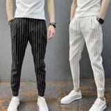 Joior Men Harem Pants Striped Drawstring Elastic Waist Slim Fit Streetwear Spring Autumn Stretch Ankle Tied Pencil Pants for Daily