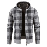 Joior Autumn and Winter Men's Checkered Sweater Thickened Cardigan Coat Sweater Outer Hooded Zipper Knit