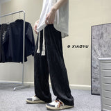 Men's Fashion Straight Pleated Pants Elastic Waist Casual Pants Men's Street Loose Ice Silk Wide Leg Pants White Black M-5XL