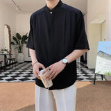 Joior Daily Casual Mens Shirt Pure Color Pleated Buttoned Stand Collar Loose Tops Shirt Summer Fashion Half Sleeve Shirts Streetwear