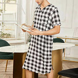 Joior Cotton Plaid Sleep Robe Men Pajamas Short Sleeve V-neck Casual Homewear One-piece Comfortable Home Loose Bathrobe