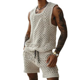 Joior 2024 Men's Summer Casual Knit Two-piece Sets Fashion Solid Loose Tank Tops and Shorts Beach Sport Suit Men Hollow Out Streetwear