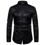 Joior Dark Blue Silk Mens Shirts Long Sleeve Jacquard Shirt For Men Stand Collar Casual Stylish Wedding Party Office Slim Fit Tops