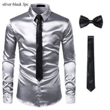 Joior Black Mens Silk Dress Shirts 3Pcs(Shirt +Tie+Bowtie) Smooth Satin Shirt Men Slim Fit Party Prom Casual Shirts Men Social Camisa