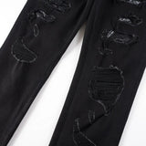 Joior Men Snake Embroidery Jeans Skinny Tapered Stretch Denim Pants Streetwear Holes Ripped Leather Patch Patchwork Trousers Black