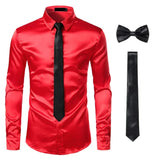 Joior Black Mens Silk Dress Shirts 3Pcs(Shirt +Tie+Bowtie) Smooth Satin Shirt Men Slim Fit Party Prom Casual Shirts Men Social Camisa