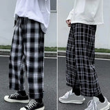 Men Pants Plaid Streetwear Wide Leg Elastic Waist Loose Sports Pants Trousers Checkered Wide Leg Pants for Travel