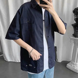 Joior Elegant Fashion Shirts Loose Solid Patchwork Casual Turn-down Collar Short Sleeve Pockets Spring Summer Thin Men's Clothing