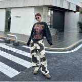 Joior Women's Cow Patterned Printed Casual Pants High Waisted Straight Vintage 90s Streetwear Female Casual Loose Tie Dye Trouser