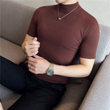 Joior Autumn High Quality Short Sleeve Knitted T Shirts  Men Slim Solid Pullovers Half Turtleneck Casual Stretched Tee Shirt Homme