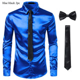 Joior Black Mens Silk Dress Shirts 3Pcs(Shirt +Tie+Bowtie) Smooth Satin Shirt Men Slim Fit Party Prom Casual Shirts Men Social Camisa