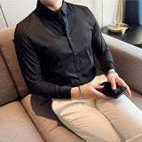 Joior British Style Striped Shirts Mens Long Sleeve Silky Slim Casual Shirts Luxury Men Business Social Party Dress Shirt Streetwear