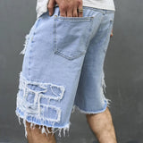 Joior Summer Men High Street Ripped Patch Denim Shorts Stylish Solid Casual Male Straight Jeans Shorts