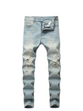 Joior Men's Jeans Solid Faded Ripped Frayed Denim Jeans Mid-waist Slim Fitted Pants Ankle-length Zipper Trousers with Pocket