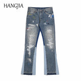 Joior Blue Speckle ink Washed Destroyed Flared Jean Pants Hip Hop Graffiti Ripped Denim Jeans Men Streetwear Vintage Wide Leg Jeans