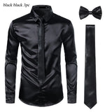 Joior Black Mens Silk Dress Shirts 3Pcs(Shirt +Tie+Bowtie) Smooth Satin Shirt Men Slim Fit Party Prom Casual Shirts Men Social Camisa