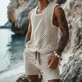 2024 Men's Summer Casual Knit Two-piece Sets Fashion Solid Loose Tank Tops and Shorts Beach Sport Suit Men Hollow Out Streetwear