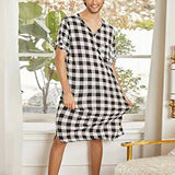 Cotton Plaid Sleep Robe Men Pajamas Short Sleeve V-neck Casual Homewear One-piece Comfortable Home Loose Bathrobe