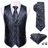 Joior 4PC Mens Extra Silk Vest Party Wedding Gold Paisley Solid Floral Waistcoat Vest Pocket Square Tie Suit Set