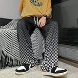 Summer Thin Casual Pants Men Fashion Plaid Wide Leg Pants Men Korean Loose Straight Ice Silk Pants Mens Plus Size Trousers S-5XL