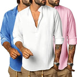 Joior Mens Long Sleeve Shirt Casual Cotton Linen Shirts Autumn Lightweight Breathable Henley T-Shirts Solid Color Hawaiian Streetwear