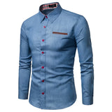 Autumn Men's Pocket Panel Leather Long Sleeve Shirt Anti Denim Versatile Slim Fit Shirt