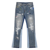 Joior Blue Speckle ink Washed Destroyed Flared Jean Pants Hip Hop Graffiti Ripped Denim Jeans Men Streetwear Vintage Wide Leg Jeans