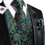 Joior High Quality Silk Mens Vests Champagne Paisley Waistcoat Neck Tie Hanky Cufflinks Brooch Set for Men Suit Wedding Office