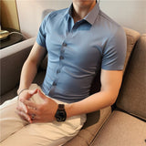 Joior High Quality Summer Ice Silk Seamless Elastic Shirt Men's Slim Fit Short Sleeve Social Business Dress Shirt Plus Size 4XL-M