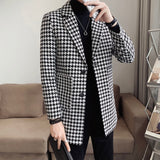 Joior Houndstooth Lapel Mid-Length Men Windbreaker Coat Winter Suit Collar Fashion Print Casual Overcoat Jacket Streetwear Social Coat