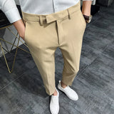 Joior 2024 Summer Fashion Mens Dark Green Suit Pants Pure Color Business Occupation Slim Fit Dress Office Ankle Trousers