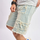 Joior Summer Men Streetwear Ripped Patch Denim Shorts Stylish Solid Casual Straight Male Jeans Five-point Pants