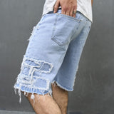 Joior Summer Men Streetwear Ripped Patch Denim Shorts Stylish Solid Casual Straight Male Jeans Five-point Pants