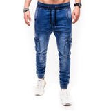 Joior High Quality Solid Pocket Jeans Mens Denim Cotton Pants Causal Vintage Cargo Pants Drawstring Stretchy Pencil Jeans Male