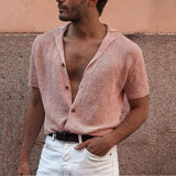 Joior Knit Men's Mesh Shirts with Holes Nightclub Short Sleeve Button Up Men Clothing Tops Cardigan Summer Beach Harajuku