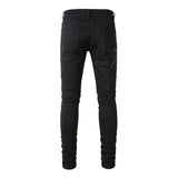 Joior Men Snake Embroidery Jeans Skinny Tapered Stretch Denim Pants Streetwear Holes Ripped Leather Patch Patchwork Trousers Black