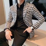 Joior British Style Mens Houndstooth Slim Fit Blazers New Simple Slim Fit Business Dress Coats Groom Wedding Tuxedo Suit Jacket