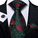 Joior Black Red Rose Floral Ties For Men 8cm Men's Silk Neck Tie Handkerchief Cufflinks Set Business Wedding Tie Gift For Men