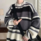 Joior Autumn Winter New Round Neck Long Sleeve Embroidered Sweater Men Fashion Contrast Color Striped Loose Casual All-match Tops