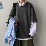 Joior FALL OUTFITS Autumn Men's Casual Long Sleeve T Shirt Plus size Sweatshirts Male Korean Fashion Oversized Tees Clothes Blue Fake Two Tshirt