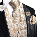 Joior High Quality Silk Mens Vests Champagne Paisley Waistcoat Neck Tie Hanky Cufflinks Brooch Set for Men Suit Wedding Office