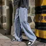 Joior Korean Fashion Men's Baggy Jeans Elastic Waist  Classic olid Color Straight-leg Denim Wide-leg Pants Male Light Blue Grey Black