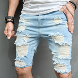 Men Summer Streetwear Slim fit Ripped Denim Shorts Stylish Holes Solid Casual Straight Jeans Male Five-point Pants