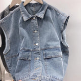 Popxstar Retro BF Style Denim Jacket Vest Waistcoat Women Sleeveless Casual Japanese Versatile Clothes Outwear Denim Cargo Tops