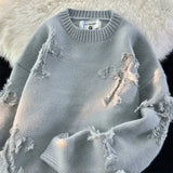 Autumn y2k Streetwear Men New Retro Hole Fringed Sweater Loose Versatile Sweater For Men And Women Long Sleeve Sweater